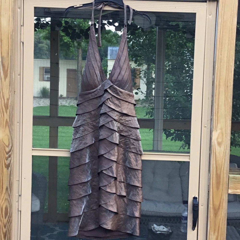 Cach’e Metallic Halter Dress Latte Brown sz 2